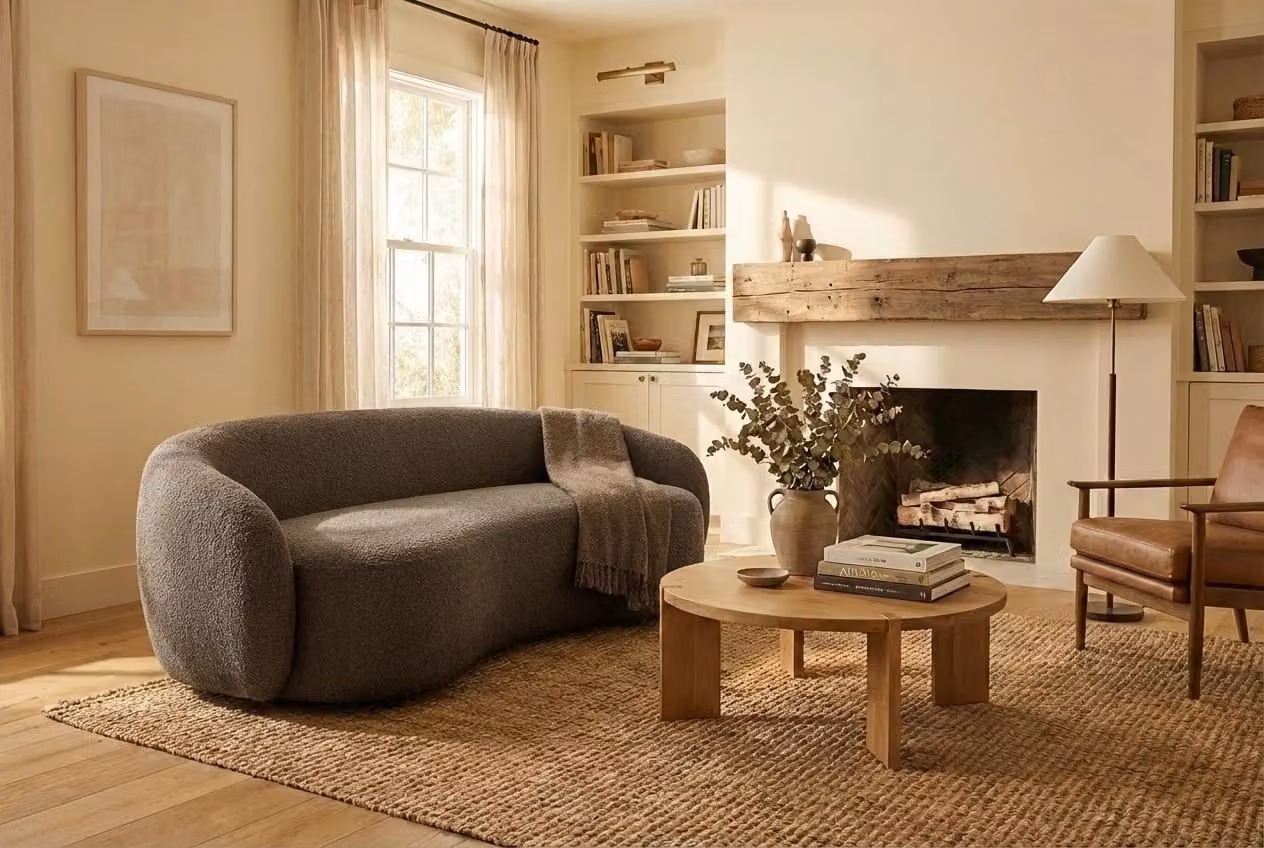 Araco Atelier Willow 3 Seater Upholstered Bouclé Sofa in Porcini Beige and Grey