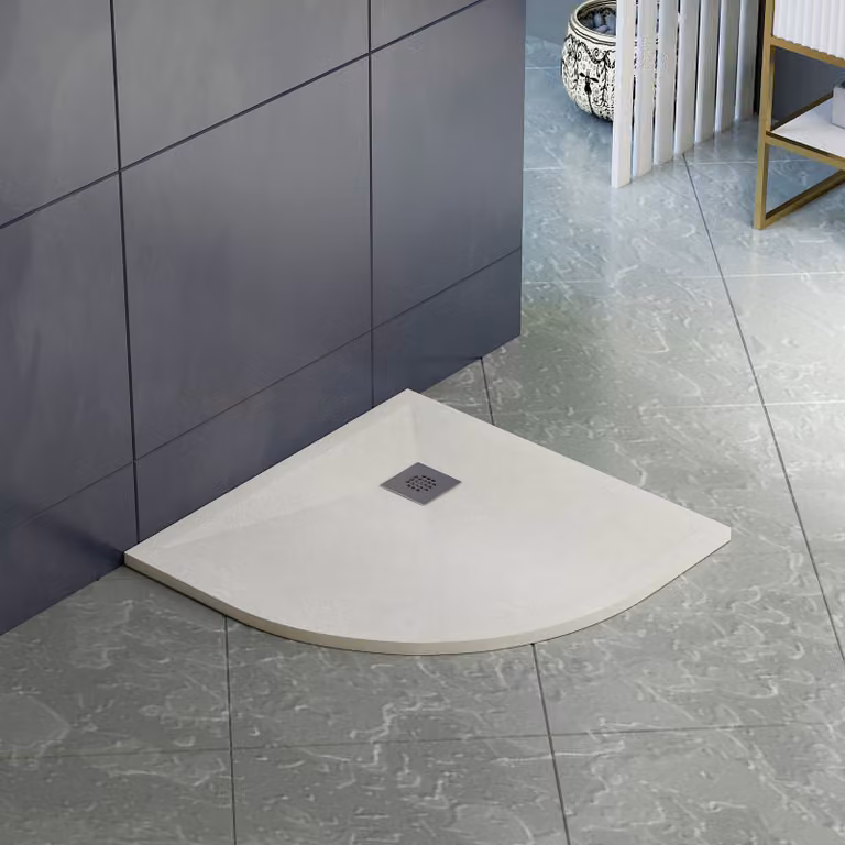 LuxeFlo White Slate Effect Quadrant Mineral Cast Shower Tray with Waste and Chrome Grate