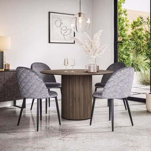 More4Homes Arlo Walnut Round Dining Table and 6 Raye Grey Velvet Chairs Set – 1