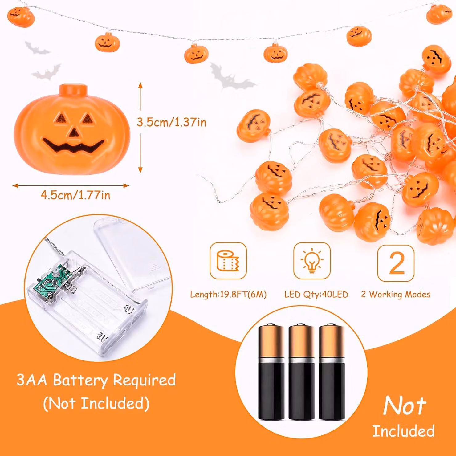 Garwarm Tukeoo 3D Pumpkin Halloween LED String Lights, Battery Operated, Orange – 2