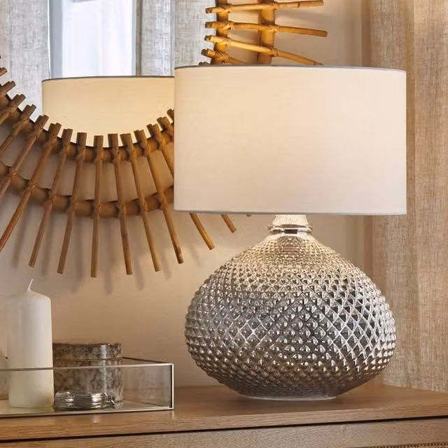 Wyld and Coco Glam Oval Glass Table Lamp with Silver Studded Base and Beige Fabric Shade, Height: 55 cm