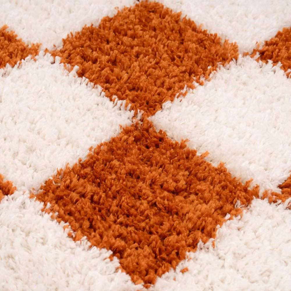 Kukoon Terracotta and Beige Checkerboard Shaggy Living Room Area Rug W: 80 cm, L: 300 cm – 6