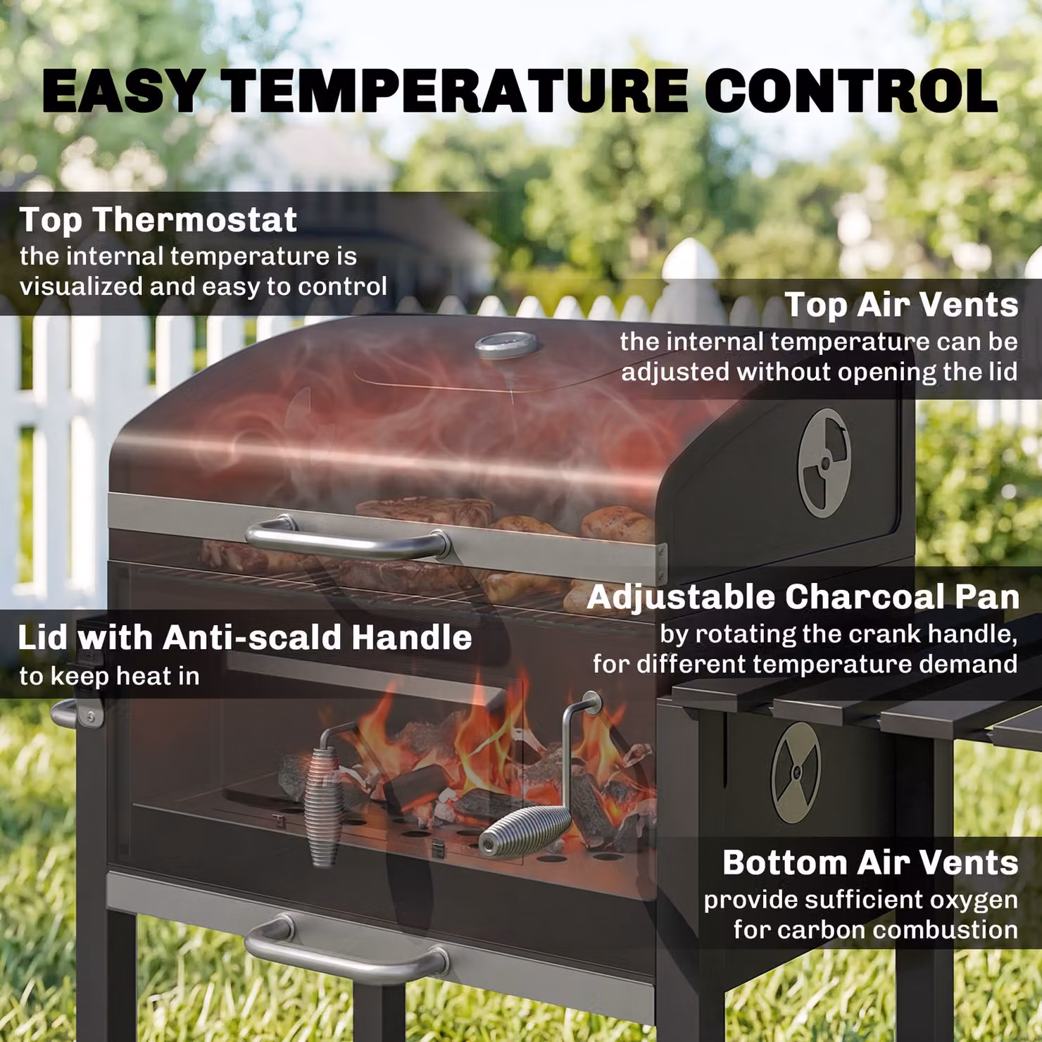 Outsunny Black Charcoal Grill with Height-Adjustable Coal Pan, Thermometer, Warming Rack and Wheels, W/D/H: 113 x 65 x 108 cm – 5