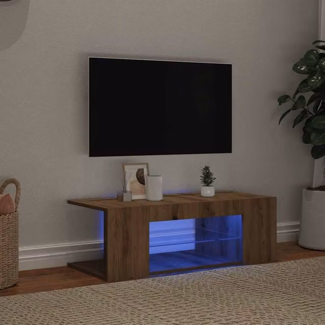 Berkfield Home Artisan Oak TV Cabinet with LED Lights in Brown, W/D/H: 90 x 39 x 30 cm – 1