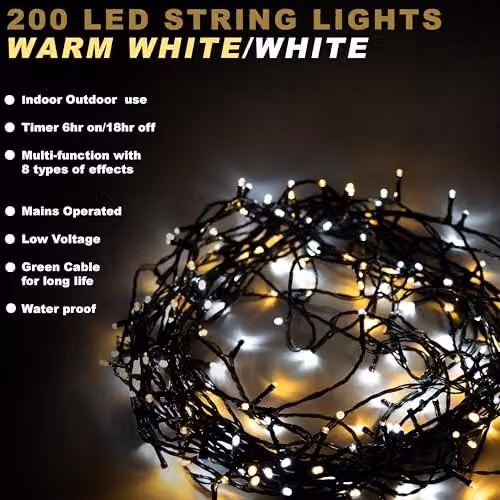 Shatchi 200 LED Christmas Tree Fairy String Lights with Timer in Warm White – 2