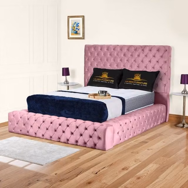 UK Bed Furniture Ambassador Ottoman Gas Lift Upholstered Velvet Bed in Pink, Size: King (180 x 200 cm) – 1