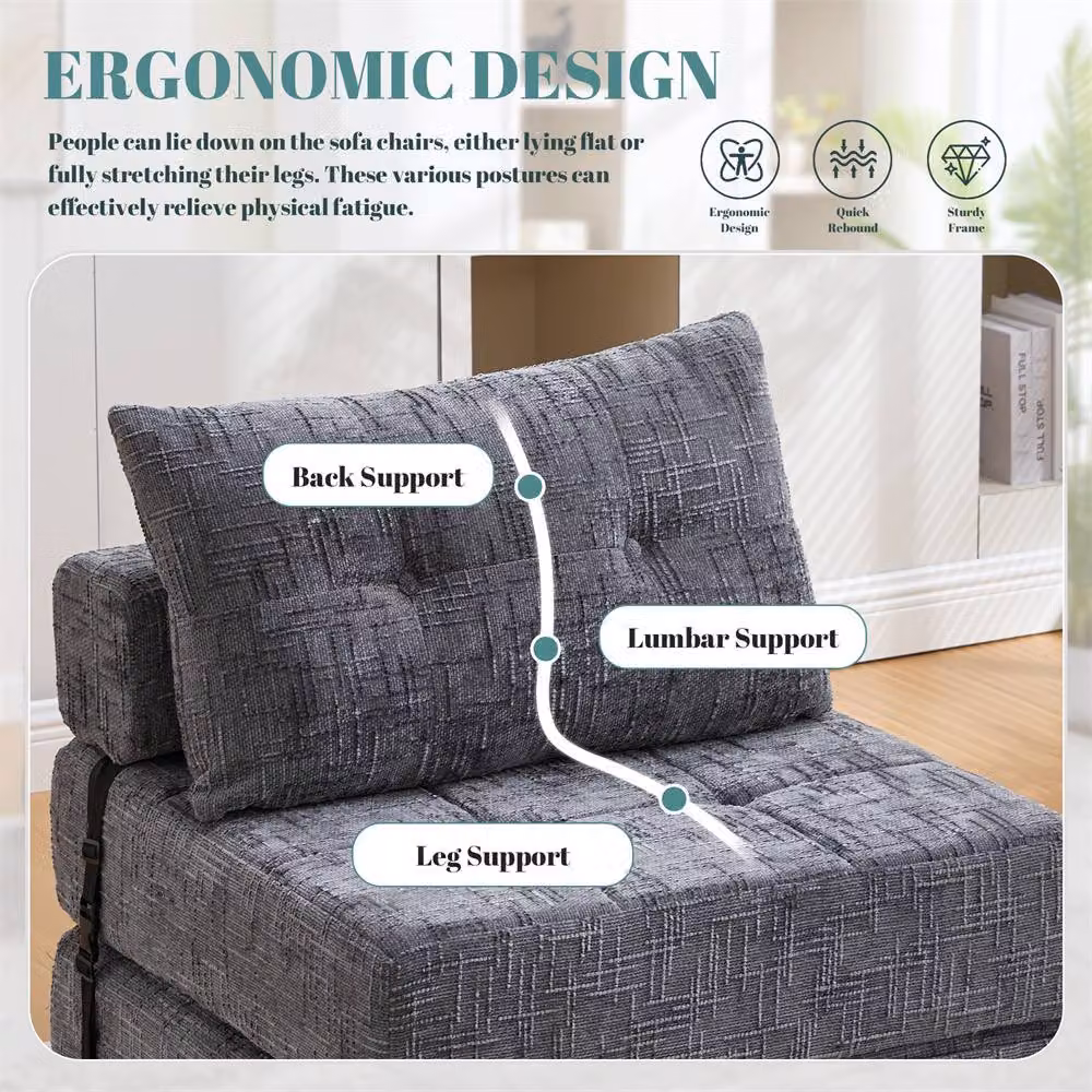 Direct Wicker Grey Chenille Tufted Folding Sofa Bed with Pillow and Back Support – 8