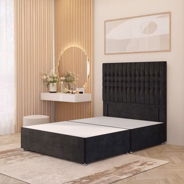 Somnior Beds Ltd Lexington Divan Bed Base with 54 inch Floor Standing Headboard in Black Plush Velvet, W/D/H: 180 x 200 cm