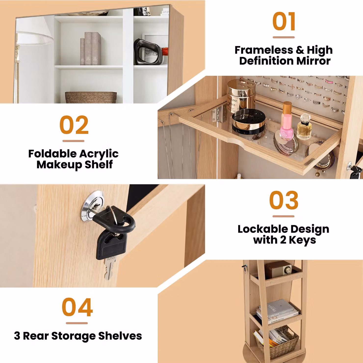 Costway 360 Rotating Standing Jewelry Armoire and Makeup Cabinet with LED Lighting and Lock in Natural Wood Finish – 5