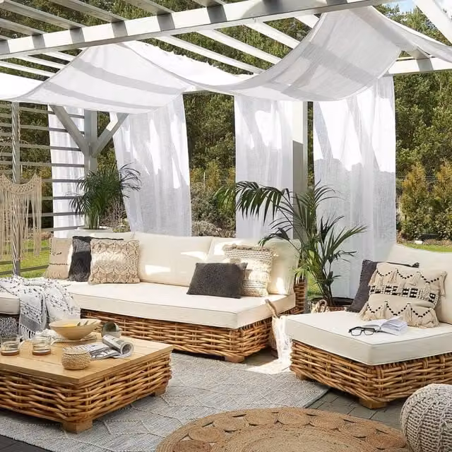 Wyld and Coco Brown Polyrattan L-Shape Modular Garden Sofa with White Cushions – 1