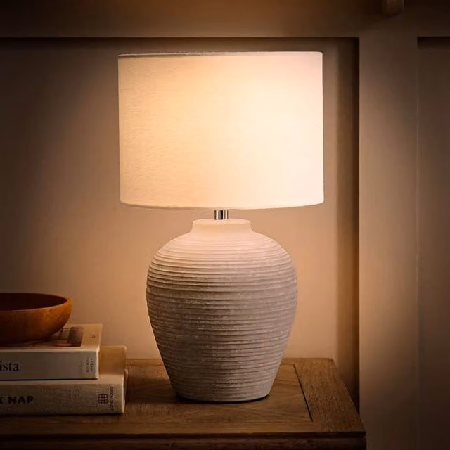 Reid Small Ribbed Ceramic Table Lamp with White Fabric Drum Shade and LED Bulb in Grey