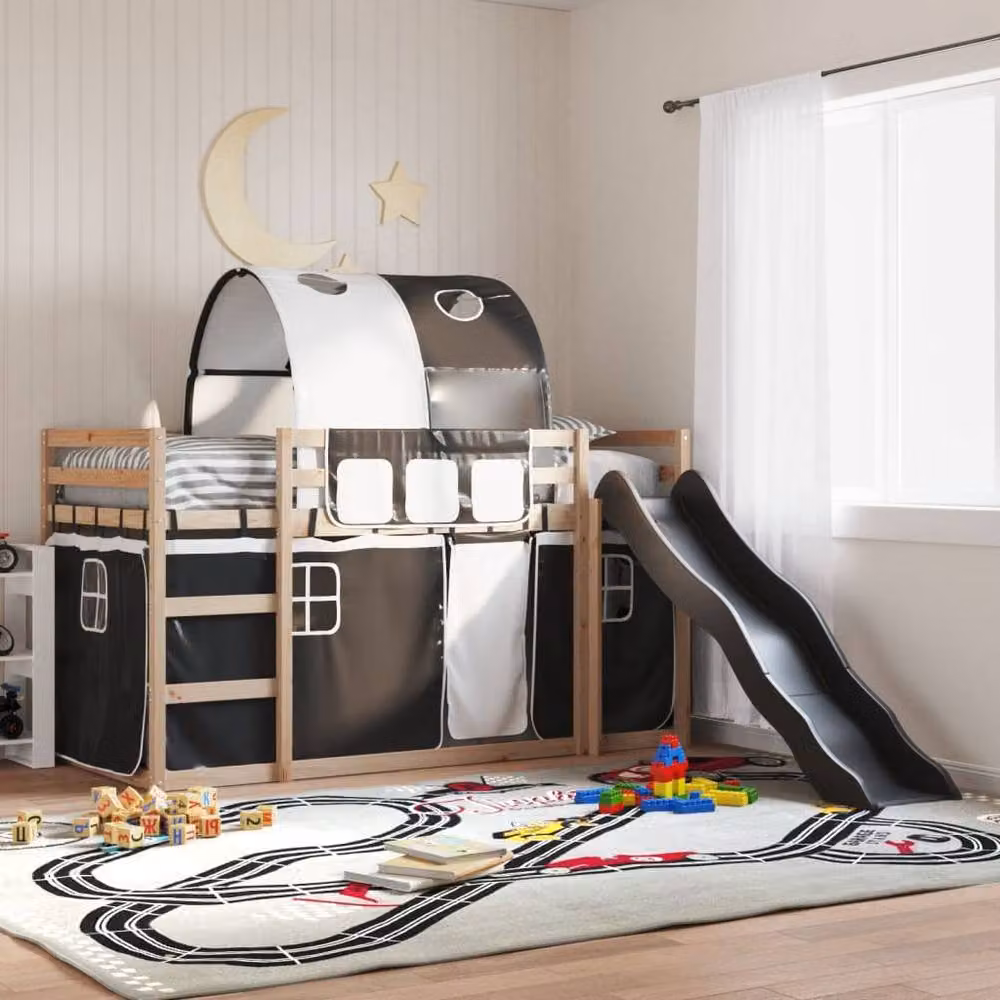 Berkfield Home Solid Wood Childrens Bunk Bed with Slide in White and Black, W/D/H: 80 x 200 cm – 2
