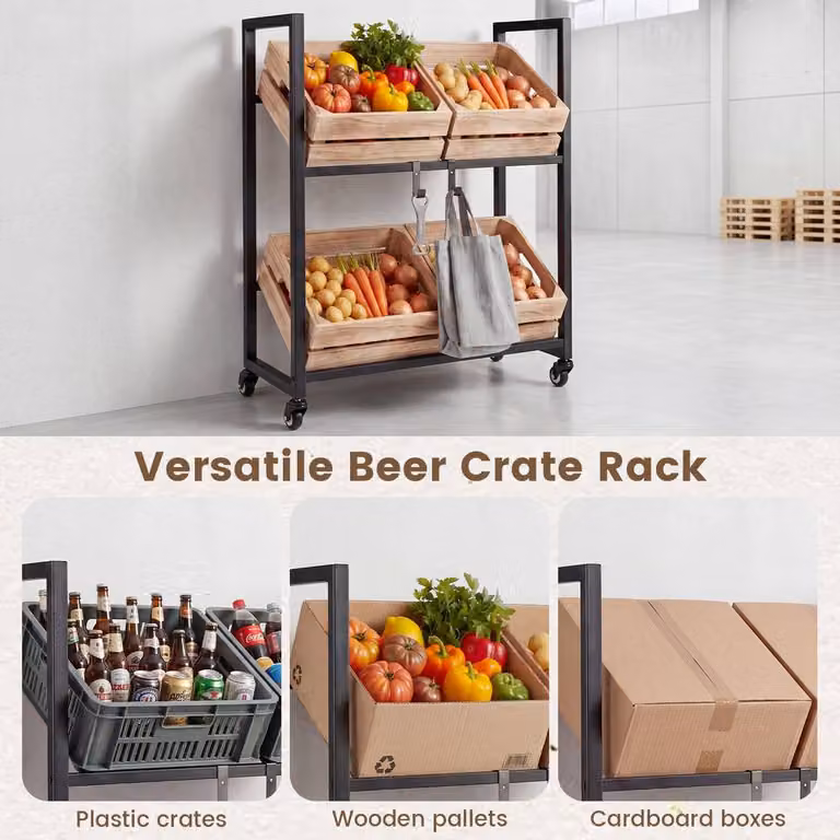 Gymax 2-Tier Rolling Metal Beverage and Bottle Crate Rack in Black