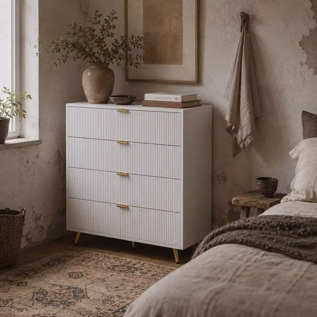 Wyld Haus Refa White 4 Drawer Bedside Table W/D/H: 40 x 40 x 90 cm – 1