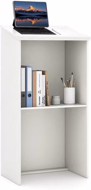 Costway White Wooden Podium Stand with Tilting Top for Speakers and Hostesses