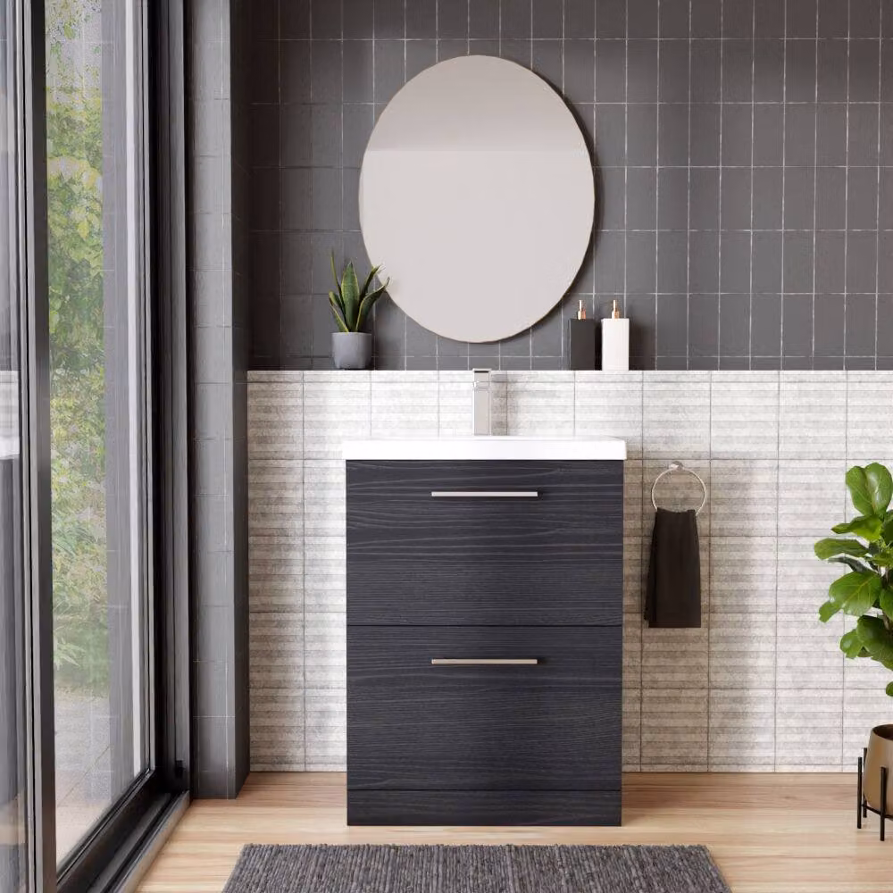 Balterley Contemporary Floor Standing Bathroom Vanity Unit with 2 Soft-Close Drawers and Mid-Edge Basin, Charcoal Black Matt, W: 60 cm, H: 84 cm, D: 39 cm – 2