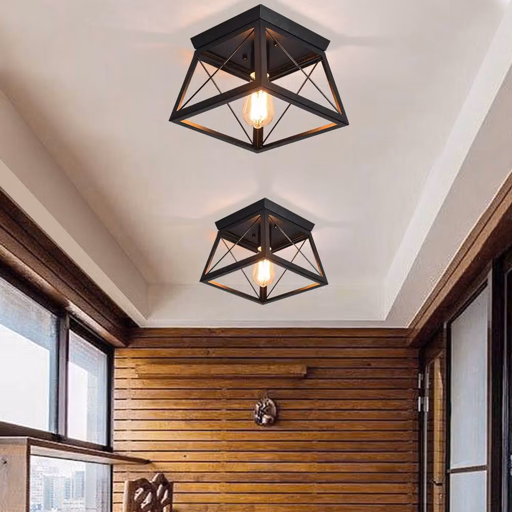 NIVOR Square Black Metal Cage Farmhouse Flush Mount Ceiling Light – 5