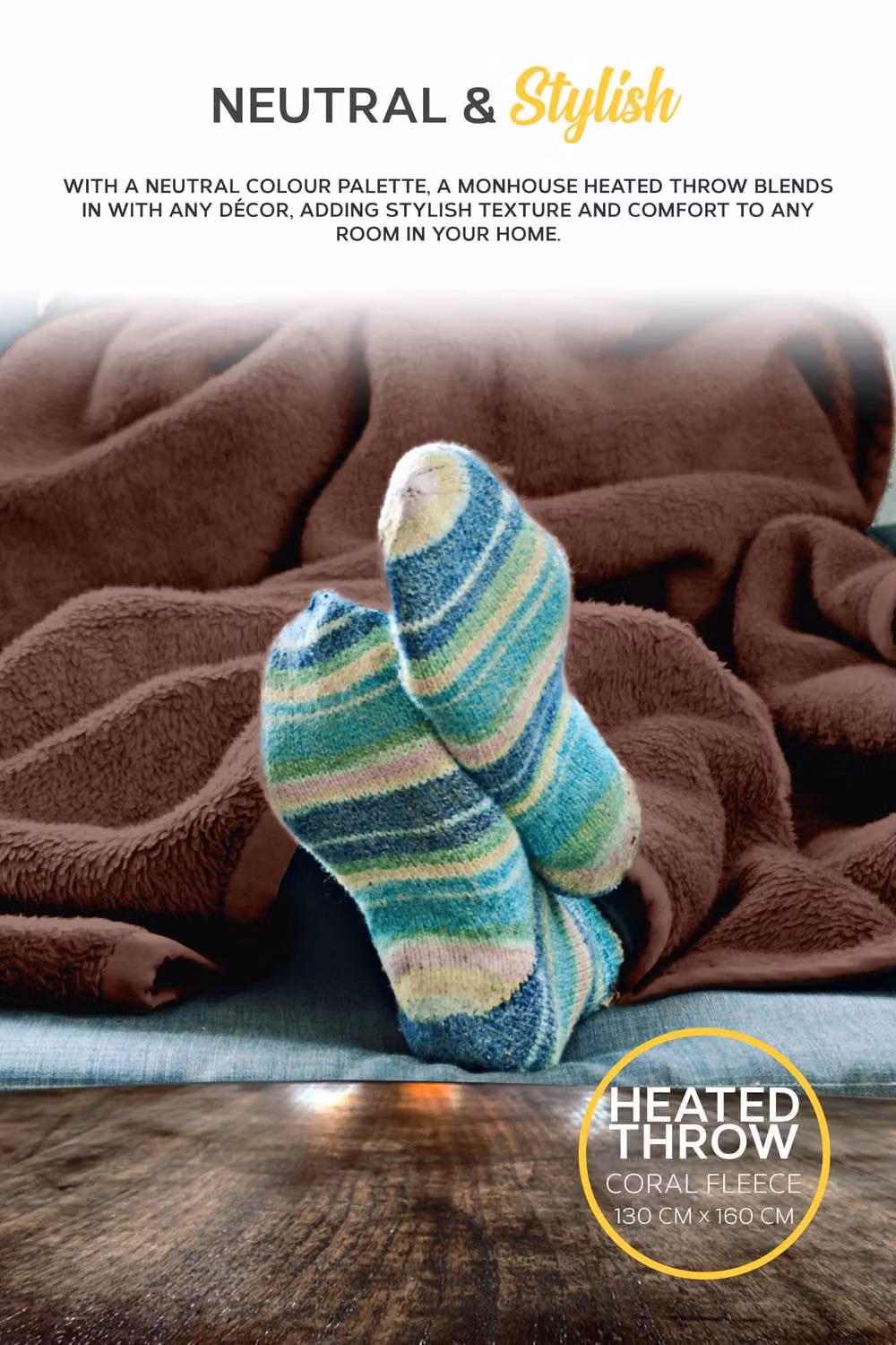 MONHOUSE Heated Electric Throw with 9 Heat Settings and 9H Timer, Brown Shearling Fleece Blanket, Single – 5