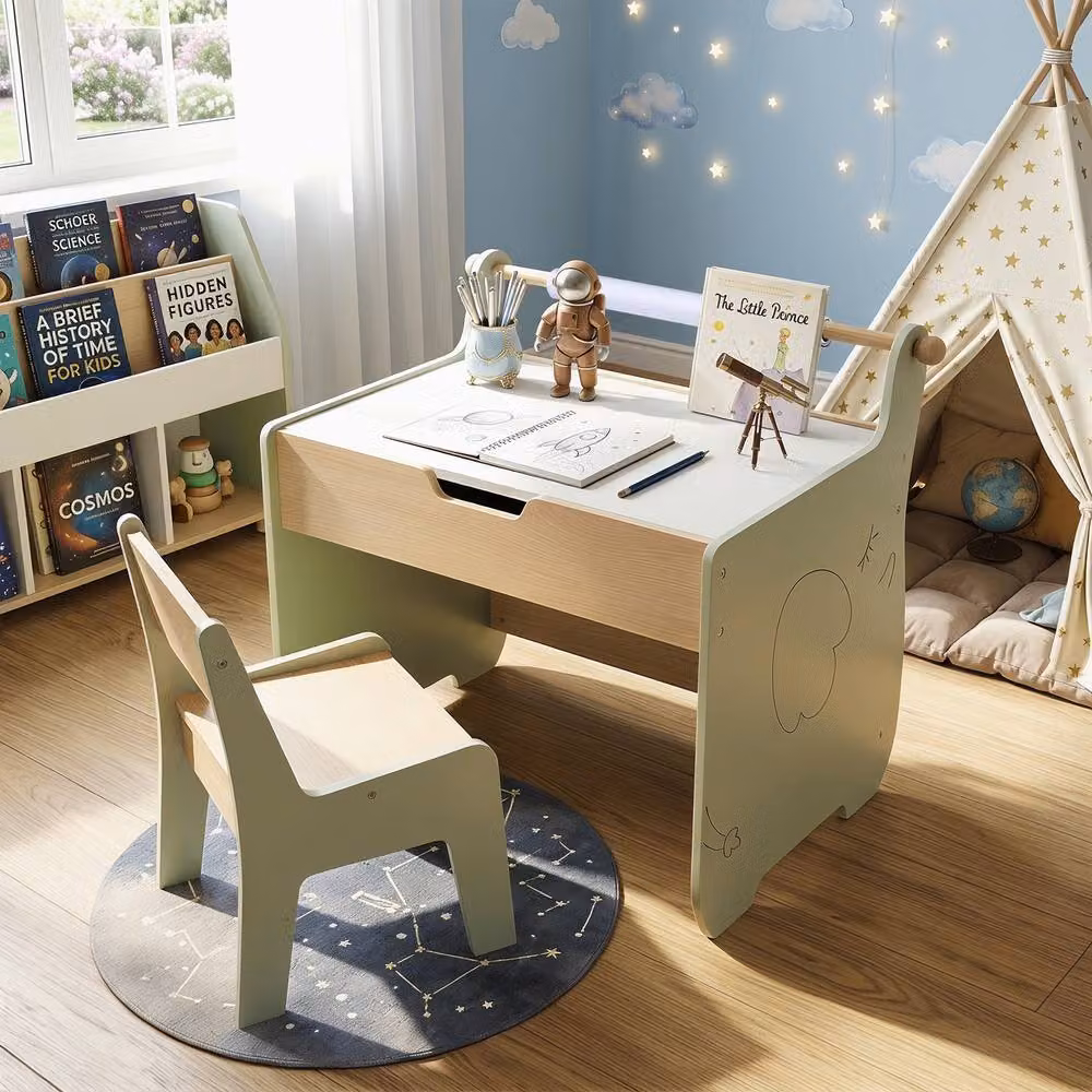 CASART Kids Art Table and Chair Set with Reversible Blackboard in Green – 3