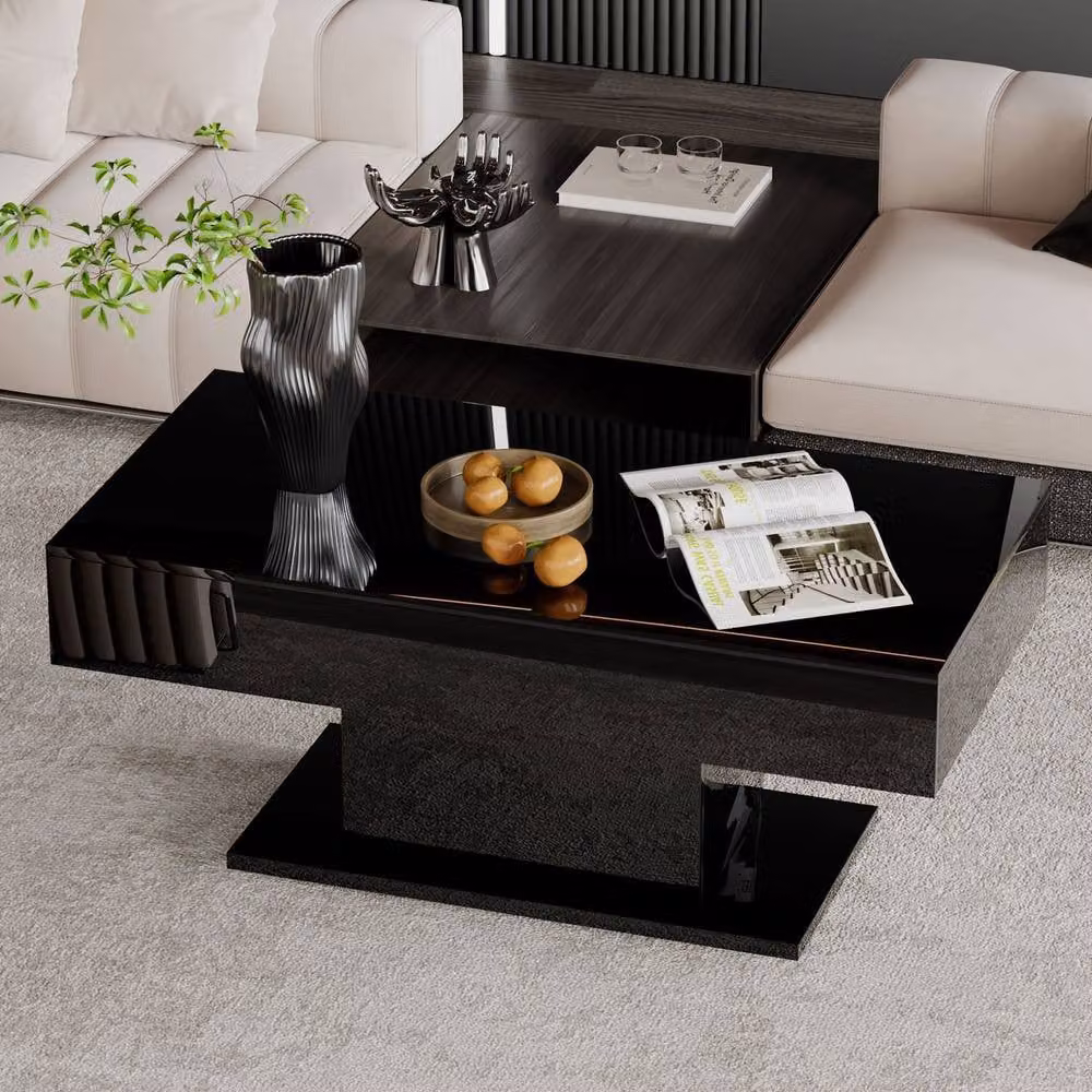 KEEPREAPER High Gloss Rectangular Coffee Table with 16-Colour LED Light in Black – 1
