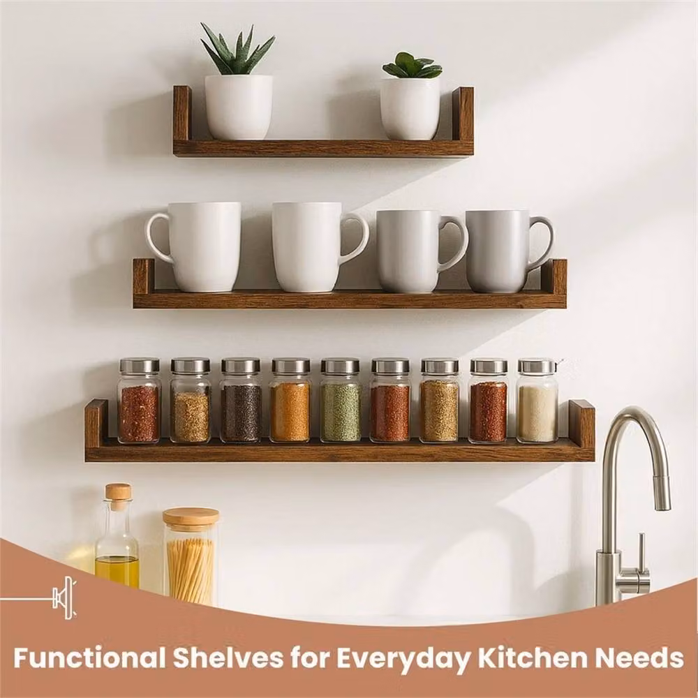 PAWNORA Set of 3 Rustic Brown Wall Mounted Floating Wood Shelves – 3