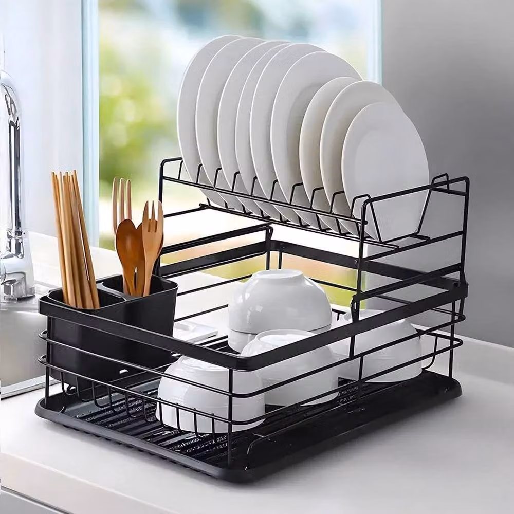 FORGEVIO 2-Tier Black Dish Drainer with Cutlery Holder and Drip Tray – 2