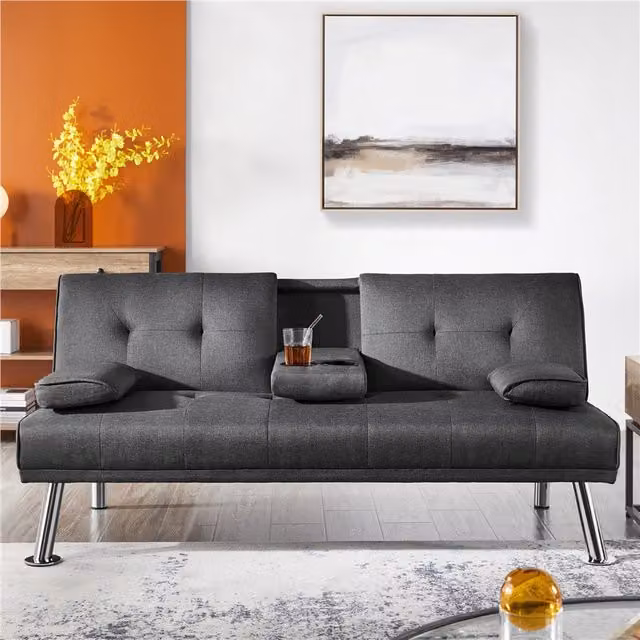Yaheetech Convertible Click-Clack Sofa Bed with Platform and Cup Holders in Dark Grey