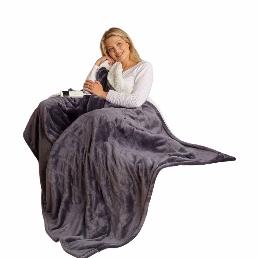 Ribbon Grey Fleece Electric Blanket with UK Plug and Auto Shut-Off – 2
