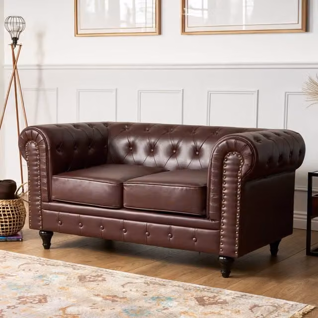 Bravich LTD Chesterfield 2 Seater Faux Leather Sofa in Brown with Button Tufting and Wooden Legs – 1