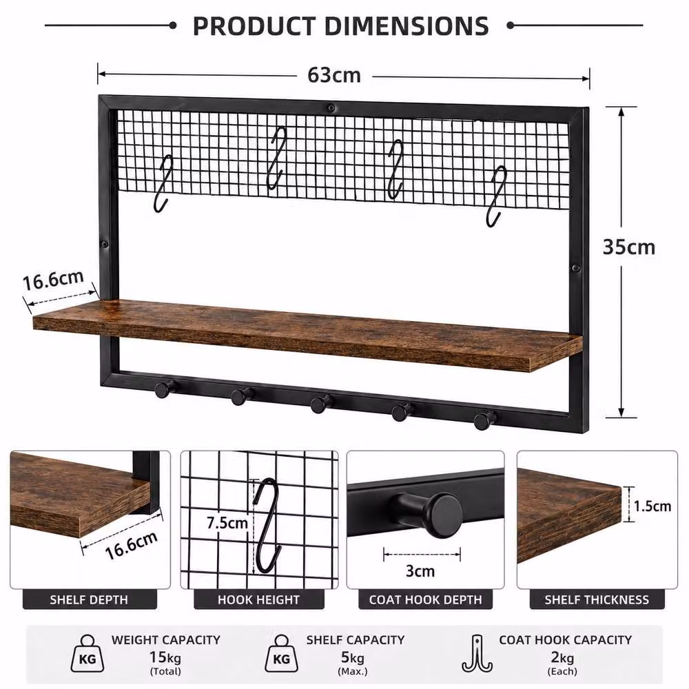 SPOT ON DEALZ Industrial Rustic MDF Wall Mounted Shelf with Black Metal Wire Frame and Hooks, W: 63 cm, H: 35 cm, D: 16.6 cm – 2