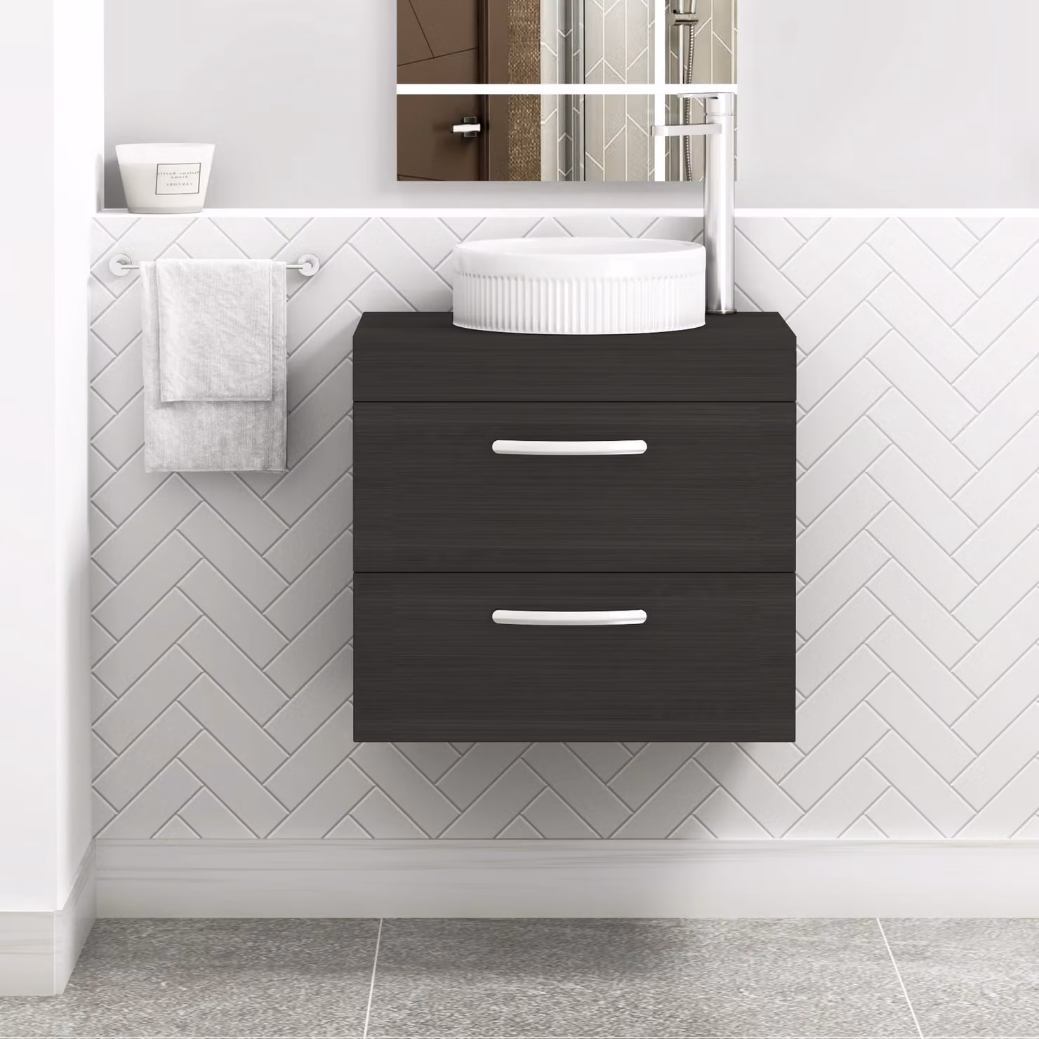 Royal Bathrooms Turin 600mm Wall Hung Vanity Unit with 2 Drawers and Round Countertop Basin in Charcoal Oak