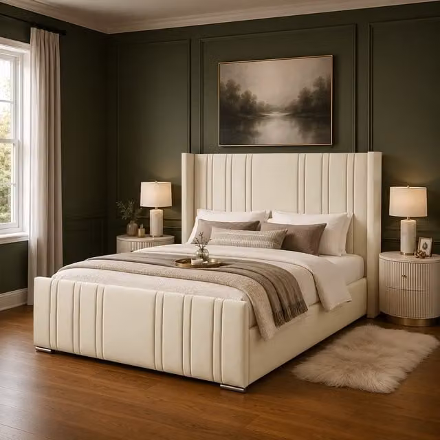 Desire Deco Gerald Luxury Upholstered Wingback Bed Frame in Yellow and Beige, 180 x 200 cm