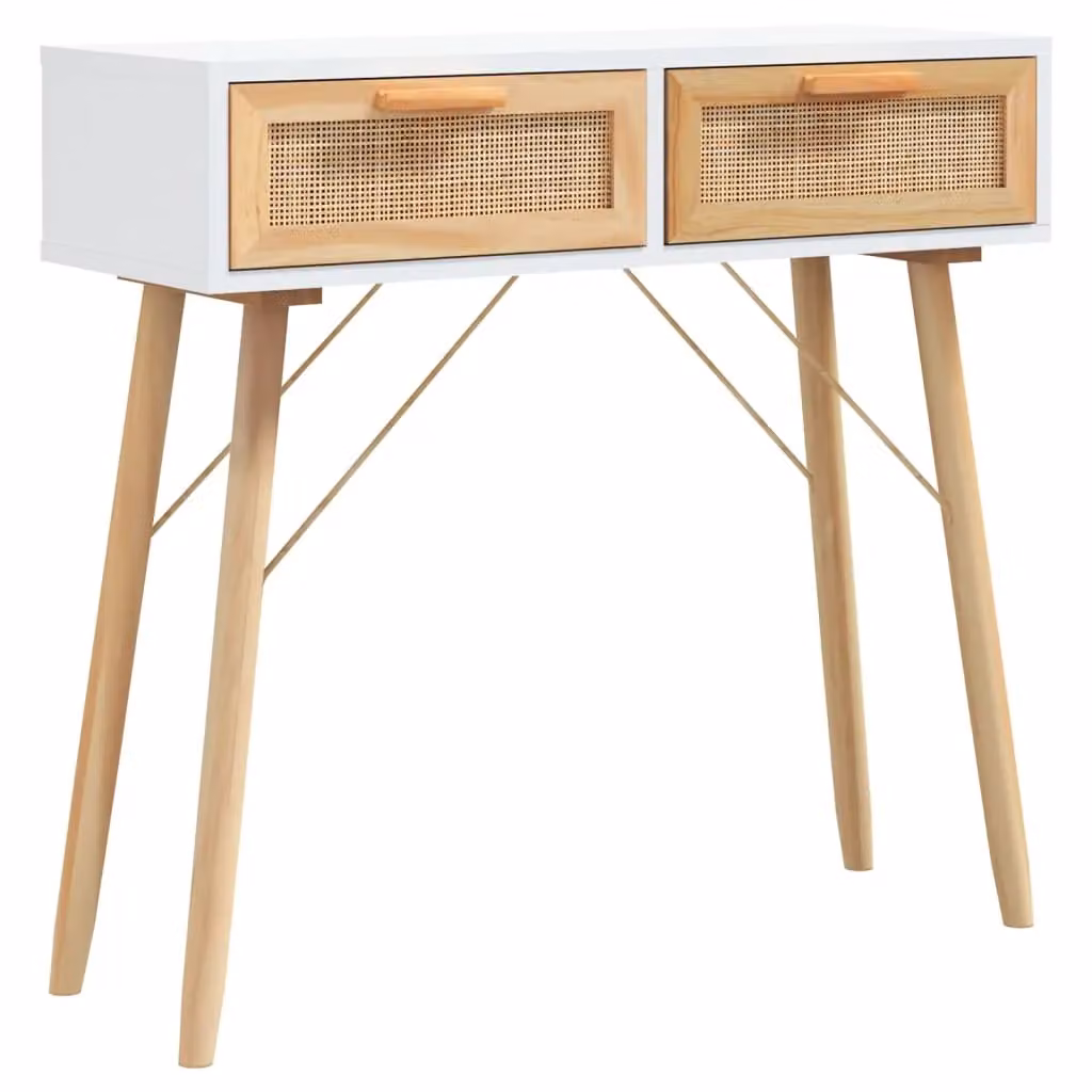 Berkfield Home White Console Table in Solid Pine and Natural Rattan, W/D/H: 80 x 30 x 75 cm – 2