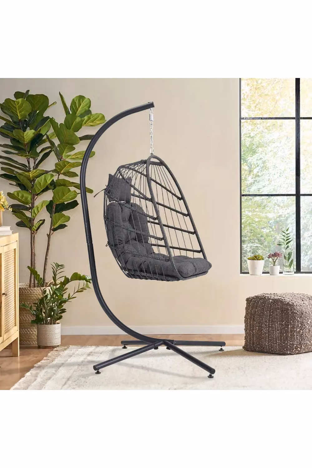 Living and Home Woven Egg Hanging Chair with Stand and Cushion in Dark Grey – 2