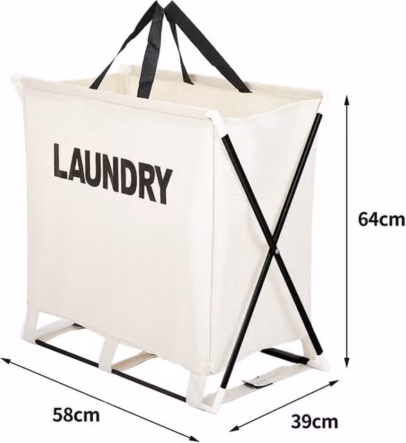 Livingandhome Collapsible Fabric Laundry Basket with Handles, Beige and White, W/D/H: 64.0 x 58.0 x 42.1 cm