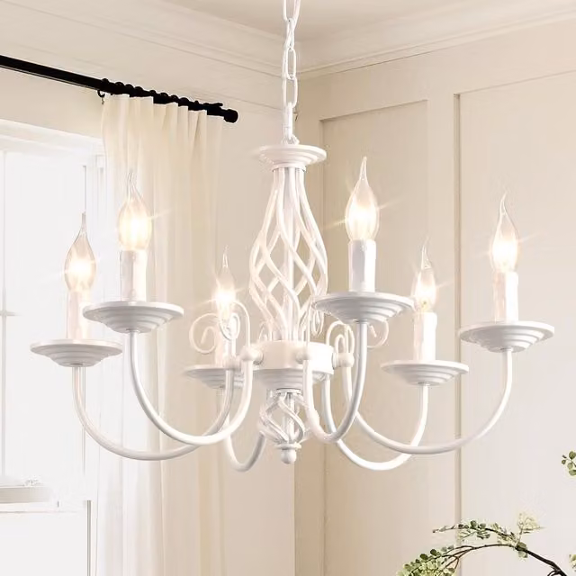 Garwarm 6-Light Rustic White Metal Pendant Chandelier with Adjustable Height and Dimmable LED Capability – 1