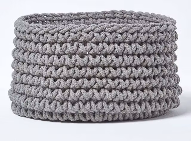 Homescapes Grey Cotton Knitted Round Storage Basket with Handles, W: 37 cm, H: 21 cm