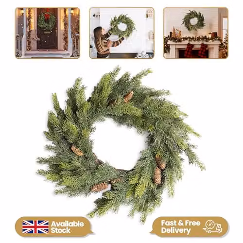 SHATCHI Green Fir Wreath with Pine Cones, 80 cm Diameter, Artificial Real Touch Christmas Wreath – 2
