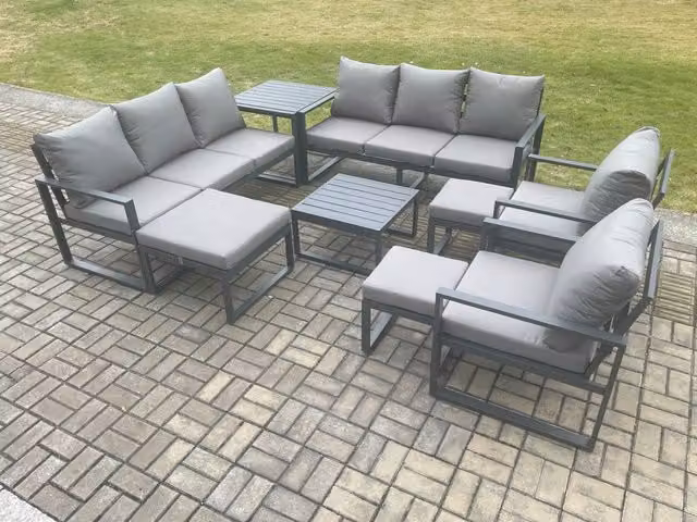 Fimous Aluminium Outdoor Garden Furniture Set in Dark Grey with Lounge Armchairs, Coffee Table and Ottomans