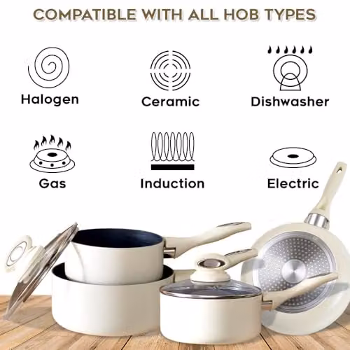 Cermalon 5-Piece Ceramic Cookware Set in Beige and Grey with Frying Pans, Saucepans and Lids – 3