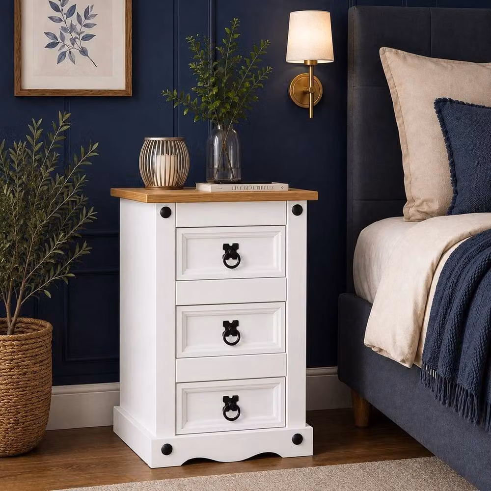 Hinsinc White 3 Drawer Mexican Pine Bedside Cabinet – 4