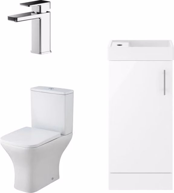 Balterley Gloss White Modern Cloakroom Vanity Basin, Tap and Toilet Set with Chrome Details – 1