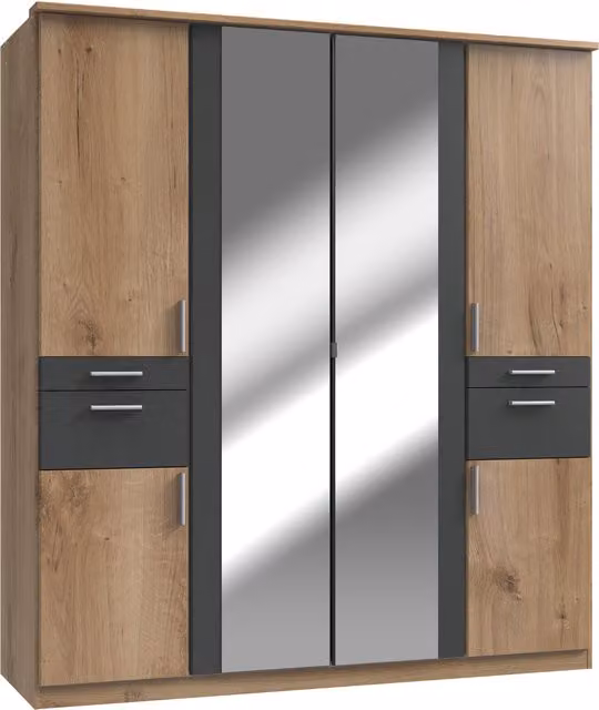 Koblenz Modern Oak 4 Door Wardrobe with Mirror and Internal Drawers in Brown and Yellow