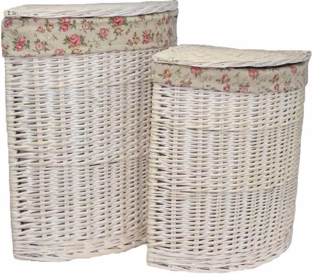 Red Hamper Set of 2 White Wash Wicker Corner Laundry Baskets with Cotton Linings