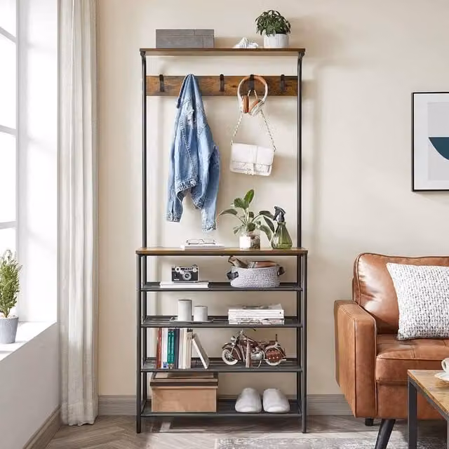 The Bazaarist Industrial Hall Tree with Bench and Shoe Rack in Brown and Black