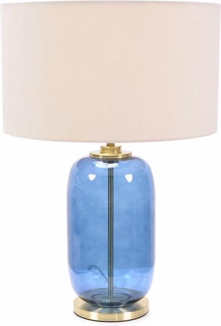ValueLights Leigh Table Lamp with Navy Blue Glass, Gold Trim and Fabric Drum Shade