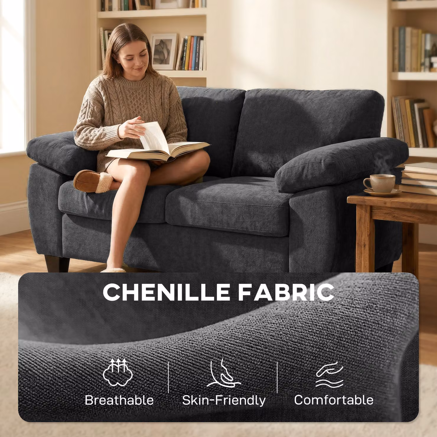 HOMCOM 2 Seater Chenille Loveseat Sofa, Dark Grey, Width: 156 cm – 5