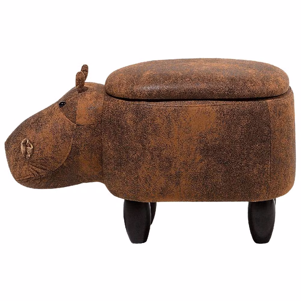 Wyld and Coco Hippo Kids Stool with Storage in Brown Faux Leather and Rubberwood Legs – 3