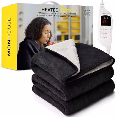 MONHOUSE Black Heated Electric Throw with Plush Coral Fleece and Flannel, W/D: 130 x 160 cm – 1