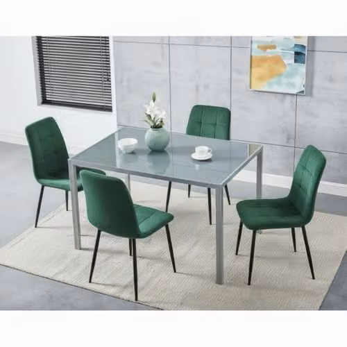 Kosy Koala Modern Grey Glass Rectangular Dining Table with 4 Green Velvet Chairs